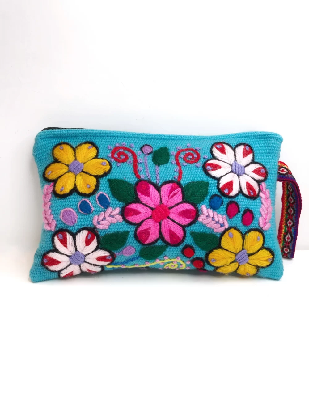 Pochette turquoise brodée avec des fleurs de couleur