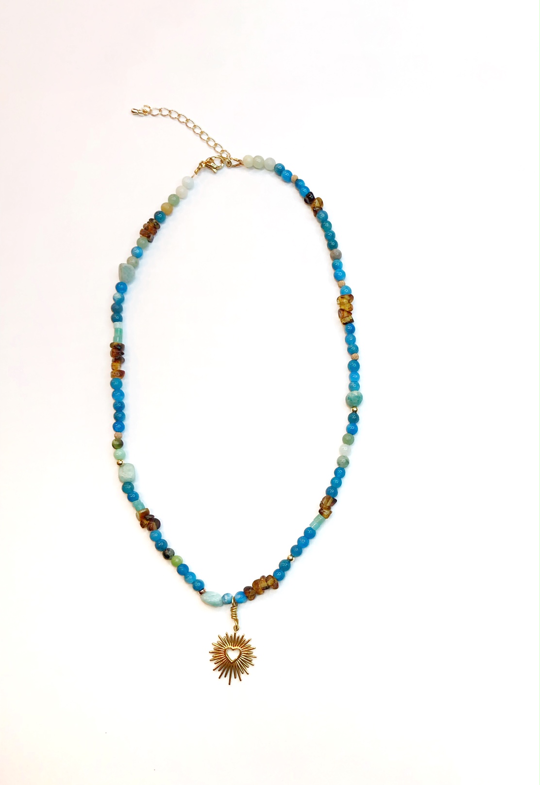 Collier cœur rayonnant en apatite et ambre – Image 2